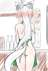 Rule 34 | 1girl, animal ears, apron, ass, ass focus, back, bare back, bare shoulders, blush, bow, butt crack, embarrassed, fox ears, fox girl, fox tail, from behind, highres, hololive, naked apron, no panties, nude, poorl, qualthis, sed, shirakami fubuki, solo, tail, virtual youtuber