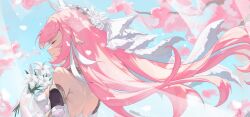 Rule 34 | 1girl, bare back, blurry, breasts, cherry blossoms, closed eyes, depth of field, detached sleeves, elysia (herrscher of human:ego) (honkai impact), elysia (honkai impact), flower, gold choker, hair ornament, highres, holding, holding flower, honkai (series), honkai impact 3rd, long hair, medium breasts, pink hair, pointy ears, smile, solo, yang lizi