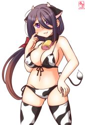 Rule 34 | 1girl, alternate costume, animal ears, animal print, ariake (kancolle), artist logo, bell, bikini, black hair, brown hair, commentary request, covered erect nipples, cow ears, cow horns, cow print, cow tail, cowbell, cowboy shot, dated, fake animal ears, fake horns, front-tie top, gradient hair, hair over one eye, horns, kanon (kurogane knights), kantai collection, long hair, looking at viewer, low ponytail, lowleg, lowleg bikini, multicolored hair, one-hour drawing challenge, purple eyes, side-tie bikini bottom, simple background, solo, swimsuit, tail, thighhighs, white background, white bikini, white thighhighs