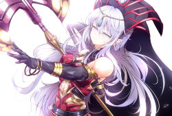 Rule 34 | 1girl, axe, bare shoulders, breasts, commentary, duel monster, elbow gloves, gloves, hair between eyes, headdress, holding, holding axe, holding polearm, holding weapon, light purple hair, long hair, outstretched hand, polearm, purple eyes, ruin supreme queen of oblivion, sato (yuki0634), simple background, solo, weapon, white background, yu-gi-oh!