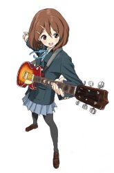 Rule 34 | brown eyes, brown hair, guitar, hirasawa yui, hiro (dismaless), instrument, k-on!, pantyhose, perspective, school uniform, short hair, simple background, solo, white background