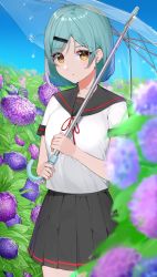 Rule 34 | 1girl, :o, absurdres, black sailor collar, black skirt, blue sky, blurry, blurry foreground, blush, breasts, brown eyes, commentary request, day, depth of field, flower, green hair, hair ornament, hairclip, highres, holding, holding umbrella, hydrangea, looking at viewer, neck ribbon, original, outdoors, parted bangs, parted lips, pleated skirt, purple flower, red ribbon, ribbon, sailor collar, school uniform, serafuku, shirt, short sleeves, sidelocks, skirt, sky, small breasts, solo, standing, suzuharu toufu, transparent, transparent umbrella, umbrella, white shirt