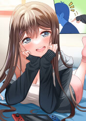 Rule 34 | 1boy, 1girl, black jacket, breasts, brown hair, cleavage, grey eyes, hands on own cheeks, hands on own face, highres, jacket, large breasts, long hair, lying, medium breasts, motion lines, nintendo switch, on bed, on stomach, open mouth, original, pink shorts, pink socks, piyopoyo, poking, shorts, single bare shoulder, sleeves past wrists, socks, strap slip, tank top, white tank top