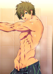 Rule 34 | 10s, 1boy, abs, ass, bara, bathroom, brown hair, bulge, free!, green eyes, highres, looking at viewer, lvlv, male focus, muscular, nipples, pectorals, penis, pov, topless male, shower, solo, tachibana makoto, tagme, undressing, water, wet, yaoi