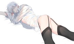 Rule 34 | 1boy, alfi (tok), bad id, bad pixiv id, black thighhighs, blouse, blue eyes, borrowed character, commentary, feet out of frame, garter straps, highres, looking at viewer, lying, male focus, nipples, on side, original, parted lips, see-through, see-through shirt, shirt, short hair, simple background, skindentation, solo, thighhighs, white background, white hair, white shirt