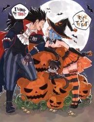 Rule 34 | 1boy, 1girl, dress, elbow gloves, english text, fairy tail, full body, gajeel redfox, gloves, halloween, halloween costume, levy mcgarden, moon, night, night sky, outdoors, pantherlily, plant, rusky, sky