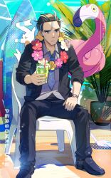 Rule 34 | 1boy, black footwear, black jacket, black pants, chair, character print, closed mouth, collared shirt, creatures (company), cup, day, drinking straw, flamigo, frown, game freak, gen 3 pokemon, glass, hand on own thigh, highres, holding, holding cup, hsin, jacket, larry (pokemon), male focus, multicolored hair, necktie, nintendo, outdoors, pants, plant, pokemon, pokemon (creature), pokemon sv, potted plant, shirt, shoes, sitting, surfboard, twitter username, two-tone hair, watch, wingull, wristwatch