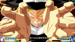Rule 34 | 1girl, antinomy of common flowers, black vest, blonde hair, bow, clenched teeth, commentary request, dragon ball, dragon ball fighterz, fingernails, gameplay mechanics, hat, hat bow, hidaruma, kirisame marisa, looking at viewer, muscular, parody, shirt, solo, spell card, style parody, teeth, touhou, tsurime, vest, white bow, white shirt, witch hat, yellow eyes