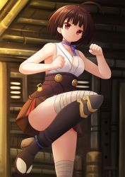 Rule 34 | 10s, 1girl, ahoge, armpits, bandaged leg, bandages, bare shoulders, black footwear, black skirt, boots, breasts, brown hair, choker, clenched hands, closed mouth, collarbone, corset, cowboy shot, dust, fighting stance, highres, indoors, industrial pipe, japanese clothes, kazenokaze, kimono, knee boots, koutetsujou no kabaneri, leg up, lips, looking at viewer, miniskirt, mumei (kabaneri), purple ribbon, red eyes, ribbon, ribbon choker, serious, short hair, skirt, sleeveless, sleeveless kimono, solo, standing, standing on one leg, thighs, underbust, window shutter