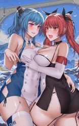 Rule 34 | 2girls, ahoge, argyle, argyle clothes, argyle cutout, azur lane, bare shoulders, blue dress, blue hair, blush, breasts, cleavage, clothing cutout, covered navel, dress, elbow gloves, garter straps, gloves, hair between eyes, hair ornament, hanada yanochi, hand on breast, hand on own hip, honolulu (azur lane), large breasts, long hair, looking at viewer, multiple girls, panties, parted lips, purple eyes, red hair, rigging, short dress, sidelocks, smile, st. louis (azur lane), taut clothes, taut dress, thighhighs, twintails, two-tone dress, underboob cutout, underwear, white dress, white gloves, white legwear, white panties