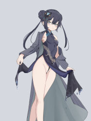 Rule 34 | 1girl, absurdres, black dress, black hair, blue archive, blush, breasts, butterfly hair ornament, closed mouth, clothes lift, coat, covered erect nipples, double bun, dress, dress lift, feet out of frame, grey coat, grey eyes, groin, hair bun, hair ornament, highres, kisaki (blue archive), lifting own clothes, long hair, long sleeves, looking at viewer, off shoulder, open clothes, open coat, pearl thong, single bare shoulder, small breasts, solo, standing, twintails, yog (1598125441)