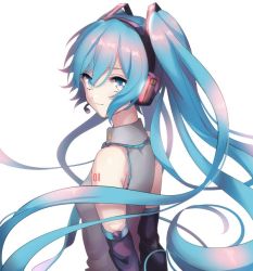 Rule 34 | 1girl, akiyoshi (tama-pete), arms behind back, bare shoulders, blue eyes, breasts, detached sleeves, floating hair, grey shirt, hatsune miku, headset, light smile, long hair, looking at viewer, looking back, number tattoo, shirt, shoulder tattoo, simple background, sleeveless, sleeveless shirt, small breasts, smile, solo, tattoo, twintails, upper body, very long hair, vocaloid, white background