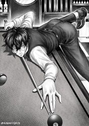 Rule 34 | 1boy, absurdres, ball, billiard ball, billiards, black hair, closed mouth, cue stick, facial mark, glasses, highres, indoors, long sleeves, mashle, monochrome, orter madl, pool table, short hair, sinnyforze, solo, table, vest