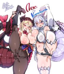 Rule 34 | 2girls, absurdres, asymmetrical docking, bikini, bikini under clothes, black footwear, blush, boots, bow, breast press, breasts, breasts out, character name, cleavage, cleft of venus, copyright request, detached collar, dragon, dragon girl, dragon horns, dragon tail, dress, harigane shinshi, highres, holding hands, horns, kneepits, large areolae, large breasts, long hair, looking at viewer, maid headdress, micro bikini, multiple girls, nipples, one breast out, open mouth, pantyhose, partially visible vulva, pointy ears, red eyes, revealing clothes, simple background, slit pupils, smile, split, standing, standing on one leg, standing split, swimsuit, tagme, tail, tail bow, tail ornament, thighhighs, thighs, twintails, unaligned breasts, virtual youtuber, white background, white legwear, wings