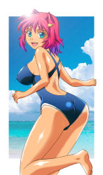 Rule 34 | ass, blue eyes, breasts, competition swimsuit, covered erect nipples, hibino aki, large breasts, legs, long legs, looking back, multicolored hair, one-piece swimsuit, open mouth, original, purple hair, short hair, solo, swimsuit, tan, tanline, thighs, two-tone hair, yonecchi