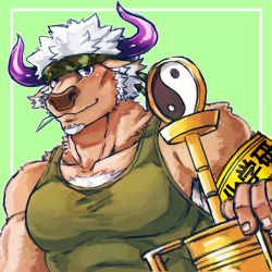 Rule 34 | 1boy, animal ears, animal nose, armband, bara, bare shoulders, brown fur, camouflage, camouflage headwear, chest hair, cow ears, cow horns, facial hair, furry, furry male, goatee, green background, green tank top, headband, hiryuu (hiryuuuuuuuuu), holding, holding syringe, holding weapon, horns, huge weapon, large pectorals, leaf, looking at viewer, male focus, minotaur, mouth hold, muscular, muscular male, pectorals, purple eyes, purple horns, shennong (housamo), smile, solo, stalk in mouth, syringe, tank top, tokyo houkago summoners, weapon, white hair, yin yang, yin yang print