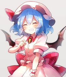 Rule 34 | 1girl, 60mai, ^ ^, bat wings, blue hair, blush, brooch, closed eyes, commentary request, cowboy shot, dress, facing viewer, fang, grey background, grin, hair between eyes, hat, hat ribbon, jewelry, mob cap, pink dress, pink hat, puffy short sleeves, puffy sleeves, red ribbon, remilia scarlet, ribbon, short hair, short sleeves, simple background, smile, solo, standing, touhou, wings, wrist cuffs