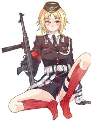 Rule 34 | 1girl, blonde hair, girls&#039; frontline, gun, hat, highres, holding, holding weapon, jacket, military, military hat, military uniform, mp40, mp40 (girls&#039; frontline), red socks, socks, solo, striped clothes, striped socks, submachine gun, uniform, vertical-striped clothes, vertical-striped socks, weapon