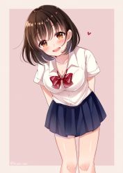 Rule 34 | 1girl, arms behind back, blue skirt, blush, bow, bowtie, breasts, brown eyes, brown hair, cleavage, collarbone, collared shirt, commentary request, hair between eyes, head tilt, heart, leaning forward, long hair, medium breasts, original, pleated skirt, red bow, red bowtie, sakura hiyori, school uniform, shirt, short hair, skirt, solo, striped bow, striped bowtie, striped clothes, striped neckwear, twitter username, white shirt