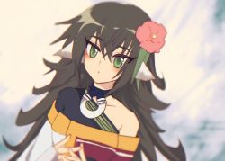 Rule 34 | 1girl, aged down, aiknwuriknru, ainu clothes, animal ears, aquaplus, arms up, bare shoulders, black hair, blush, breasts, choker, collarbone, dress, flower, flower on head, green eyes, hair between eyes, jewelry, long hair, looking at viewer, medium breasts, messy hair, necklace, off-shoulder dress, off shoulder, parted lips, sidelocks, solo, tuskur, utawarerumono, utawarerumono: lost flag, very long hair