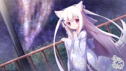 Rule 34 | 1girl, :d, animal ears, bell, blush, bow, commentary request, floral print, fox ears, fox girl, fox tail, hair bell, hair bow, hair ornament, hand up, highres, japanese clothes, jingle bell, kimono, komiya shirone, lips, long hair, long sleeves, night, night sky, open mouth, original, outdoors, print kimono, purple bow, purple kimono, railing, red eyes, revision, ribbon-trimmed sleeves, ribbon trim, signature, silver hair, sky, sleeves past wrists, smile, snowflake hair ornament, solo, star (sky), starry sky, tail, thighhighs, two side up, very long hair, white thighhighs, wide sleeves