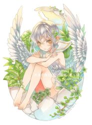 Rule 34 | 1girl, 2023, angel, angel wings, artist name, bare legs, bare shoulders, barefoot, closed mouth, crossed arms, dated, dress, feathered wings, feet, full body, grey hair, hair between eyes, hair ornament, halo, hands on own arms, knees up, leaf, looking at viewer, original, painting (medium), plant, sailor collar, short dress, short hair, sidelocks, simple background, sitting, sleeveless, sleeveless dress, solo, toes, traditional media, watercolor (medium), watermark, white background, white sailor collar, white wings, wings, yellow eyes, yoshitaka a3
