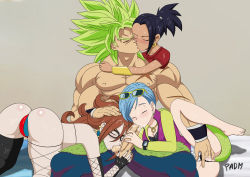Rule 34 | 10s, 1boy, 3girls, absurdres, anal, anal object insertion, android 21, ass, asymmetrical legwear, barefoot, black hair, blue hair, blush, breasts, broly (dragon ball super), brown hair, bulma, cheating (relationship), closed eyes, clothed sex, clothing aside, dragon ball, dragon ball fighterz, dragon ball super, dragonball z, ear piercing, earrings, erection, eyewear on head, fellatio, glasses, green hair, group sex, highres, jewelry, kale (dragon ball), large penis, long hair, mature female, mismatched legwear, multiple girls, muscular, netorare, object insertion, oral, padm, panties, panties aside, penis, piercing, pimp, ponytail, pussy, scar, simple background, sitting, sunglasses, swept bangs, teamwork, testicle sucking, text focus, toei animation, uncensored, underwear, watch, wristwatch