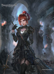 Rule 34 | 1girl, arch, black dress, black gloves, black thighhighs, breasts, broom, bushiroad, candle, cglas, corpse, dragonborne, dress, garter straps, gloves, hair ornament, indoors, looking at viewer, planted, red hair, smile, solo, standing, sword, thighhighs, weapon