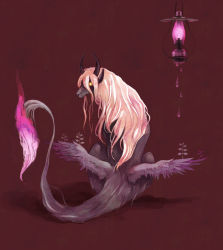 Rule 34 | animal, chimera, clona, commentary request, dripping, feathered wings, fire, flame-tipped tail, from behind, full body, glowing, glowing eyes, horns, long hair, looking at viewer, looking back, magenta background, oil lamp, pink hair, red background, simple background, sitting, solo, tail, wings, yellow eyes