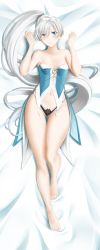 Rule 34 | 1girl, absurdres, barefoot, bed sheet, black panties, blue eyes, blush, breasts, cleavage, closed mouth, collarbone, dakimakura (medium), from above, full body, gluteal fold, hair between eyes, high ponytail, highleg, highleg panties, highres, huge filesize, incredibly absurdres, kimmy77, long hair, looking at viewer, lying, midriff, navel, on back, panties, rwby, silver hair, small breasts, smile, solo, stomach, strapless, thigh gap, underwear, very long hair, weiss schnee