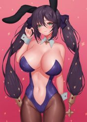 Rule 34 | 1girl, 3:, absurdres, adapted costume, alternate breast size, animal ears, bare shoulders, black bow, black hair, blush, bow, breasts, brown pantyhose, center opening, cleavage, closed mouth, collarbone, cowgirl position, detached collar, fake animal ears, genshin impact, gluteal fold, gradient background, groin, hair bow, hair ornament, hand in own hair, highres, large breasts, leotard, long hair, looking at viewer, mona (genshin impact), navel, pantyhose, pink background, pinkcap, playboy bunny, purple leotard, rabbit ears, red eyes, solo, stomach, straddling, strapless, strapless leotard, twintails, very long hair, wrist cuffs
