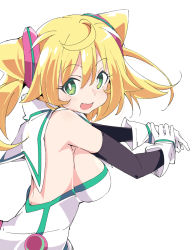 Rule 34 | 1girl, blonde hair, blush, breasts, elbow gloves, gloves, green eyes, hacka doll, hacka doll 1, ixy, large breasts, looking at viewer, open mouth, short hair, sideboob, smile, solo, twintails, white gloves