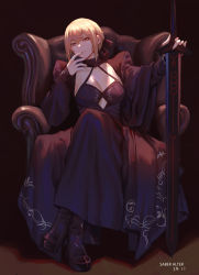 Rule 34 | 1girl, absurdres, armchair, artoria pendragon (all), artoria pendragon (fate), bad id, bad pixiv id, black bow, black dress, black footwear, blonde hair, boots, bow, braid, breasts, chair, crown braid, dress, excalibur morgan (fate), fate/grand order, fate (series), hair bow, highres, jinlin, long dress, long sleeves, saber alter, sitting, small breasts, solo, yellow eyes