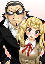 Rule 34 | 00s, 1boy, 1girl, black hair, blonde hair, blush, breasts, brown eyes, couple, delinquent, facial hair, gakuran, goatee, gradient background, harima kenji, height difference, large breasts, long hair, mustache, nikyu, open mouth, sawachika eri, school rumble, school uniform, short hair, simple background, sunglasses, twintails, yellow eyes