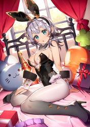 Rule 34 | 1girl, animal ears, bare arms, bare shoulders, bed, black footwear, black leotard, blue eyes, bottle, bow, bowtie, breasts, cleavage, detached collar, fake animal ears, gradient legwear, hachihito, hairband, high heels, large breasts, leotard, long hair, looking at viewer, on bed, original, pantyhose, parted lips, playboy bunny, rabbit ears, silver hair, sitting, solo, strapless, strapless leotard, wariza, white pantyhose, wrist cuffs