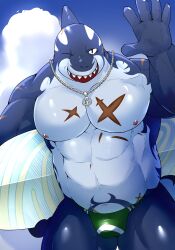 Rule 34 | 1boy, abs, bara, blue eyes, bulge, cowboy shot, cross scar, furry, furry male, holding, holding surfboard, kyatune, large pectorals, looking at viewer, male focus, muscular, muscular male, navel, nipples, one eye closed, pectorals, scar, scar on chest, scar on face, shark boy, shark fin, sharp teeth, smile, solo, standing, stomach, strongman waist, surfboard, teeth, thick thighs, thighs, tokyo houkago summoners, topless male, typhon (housamo), waving