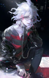 Rule 34 | 1boy, artist name, black jacket, black pants, callarinc, chain, collar, collarbone, commentary, commentary request, danganronpa (series), danganronpa another episode: ultra despair girls, english commentary, grey eyes, grey hair, hand on own cheek, hand on own face, holding, jacket, knee up, komaeda nagito, long sleeves, looking at viewer, male focus, messy hair, metal collar, mixed-language commentary, off shoulder, official alternate costume, open clothes, open jacket, pants, servant (danganronpa), shirt, shoes, sitting, smile, solo, striped clothes, striped shirt