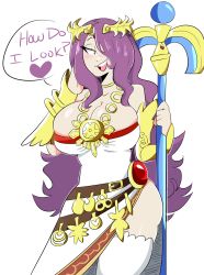Rule 34 | 1girl, blush, breasts, camilla (fire emblem), choker, cleavage, cosplay, english text, female focus, fire emblem, fire emblem fates, hair over one eye, half-closed eyes, hands up, heart, highres, jinu (jinusenpai), kid icarus, large breasts, long hair, looking to the side, nintendo, open mouth, palutena, palutena (cosplay), pink eyes, purple eyes, purple hair, simple background, smile, solo, spoken heart, staff, standing, teeth, text focus, thighhighs, white background, white thighhighs