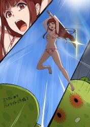 Rule 34 | 1girl, 1other, absurdres, armpits, arms up, barefoot, bikini, blue sky, breasts, brown eyes, brown hair, chupacabra (idolmaster), collarbone, commentary request, day, emphasis lines, frilled bikini, frills, hairband, highres, holding, holding sword, holding weapon, idolmaster, idolmaster million live!, imminent death, jumping, legs, long hair, long sword, looking at another, medium breasts, midair, mugenpai, mugenpai, navel, open mouth, outdoors, pink bikini, print bikini, red hairband, sidelocks, sky, sparkle, stomach, swimsuit, sword, tanaka kotoha, thighs, v-shaped eyebrows, weapon