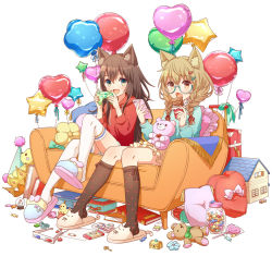 Rule 34 | 2girls, 3d glasses, :&lt;, :d, animal ears, bad id, bad pixiv id, balloon, book, braid, brown hair, candy, cellphone, chocolate, chocolate bar, controller, couch, crayon, crown, denim, denim shorts, doll house, fang, food, game controller, glasses, green eyes, hat, heart, heart balloon, heart print, highres, hood, hoodie, jar, key, kneehighs, light brown hair, lollipop, long hair, lunchbox, multiple girls, open mouth, original, paper, party hat, pectorals, phone, pillow, rolling suitcase, rubber duck, short shorts, shorts, sitting, skirt, slippers, smartphone, smile, snow globe, socks, stuffed animal, stuffed toy, suitcase, teddy bear, thighhighs, treasure chest, twin braids, wrapped candy, yutsumoe