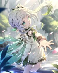Rule 34 | 1girl, bracelet, child, closed mouth, commentary request, dress, falling petals, genshin impact, gradient hair, green eyes, hair ornament, highres, jewelry, khell, looking at viewer, multicolored hair, nahida (genshin impact), partially submerged, petals, plant, pointy ears, side ponytail, sleeveless, sleeveless dress, smile, solo, tree, water, white dress, white hair