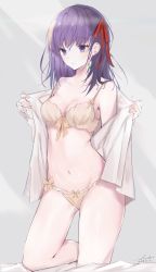 Rule 34 | 1girl, bare arms, bare legs, bare shoulders, bed sheet, bow, bow bra, bow panties, bra, breasts, brown bra, brown panties, cleavage, closed mouth, collarbone, commentary request, earrings, fate/stay night, fate (series), groin, hair between eyes, hair ribbon, hands up, highres, jewelry, kneeling, light rays, long hair, looking away, matou sakura, medium breasts, navel, open clothes, open shirt, panties, purple eyes, purple hair, red ribbon, ribbon, sai (saipoko), shiny skin, shirt, signature, solo, stomach, sunlight, underwear, undressing, white shirt