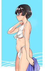 Rule 34 | 1girl, absurdres, bikini, black hair, blue eyes, blush, breasts, commentary request, from side, glasses, highres, looking to the side, medium breasts, navel, original, paid reward available, profile, puckered lips, shiwasu no okina, short hair, solo, swimsuit, white bikini
