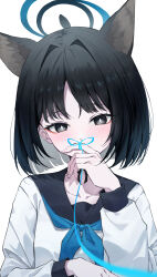 Rule 34 | 1girl, absurdres, animal ear fluff, animal ears, black eyes, black hair, black sailor collar, blue archive, blue halo, blue neckerchief, blush, cat ears, collarbone, fingernails, halo, highres, kikyou (blue archive), long sleeves, looking at viewer, neckerchief, retsu (retsu 3), sailor collar, short hair, simple background, solo, upper body, white background