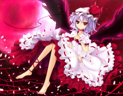 Rule 34 | 1girl, barefoot, blue hair, choker, cloudy.r, dress, feet, female focus, flower, full moon, hat, moon, petals, red eyes, red flower, red moon, red rose, remilia scarlet, rose, rose petals, solo, touhou, wings, wrist cuffs, zzz36951