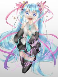Rule 34 | 1girl, absurdly long hair, anniversary, aqua eyes, aqua hair, aqua necktie, artist name, artist request, bare shoulders, black footwear, black skirt, black sleeves, black thighhighs, blue eyes, blue hair, blue necktie, boots, breasts, collarbone, collared shirt, crab stick (pixiv54024013), detached sleeves, female focus, flower, frilled shirt collar, frills, grey shirt, hair between eyes, hair flower, hair ornament, hand on chest, hand on own chest, hatsune miku, heart, highres, long hair, looking at viewer, miniskirt, nail polish, necktie, number tattoo, parted lips, pleated skirt, shirt, shoulder tattoo, skirt, sleeveless, sleeveless shirt, sleeves past wrists, small breasts, smile, solo, tattoo, thigh boots, thighhighs, tie clip, twintails, very long hair, vocaloid, white background, wide sleeves, wing collar, zettai ryouiki