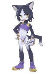 Rule 34 | 1girl, absurdres, animal ears, black hair, brown eyes, cat ears, cat tail, crop top, eyes visible through hair, fang, female focus, fingerless gloves, full body, furry, furry female, gloves, highleg, highres, looking at viewer, navel, open mouth, original, satsuyo, shoes, simple background, solo, tail, v-shaped eyebrows, white background