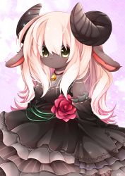 Rule 34 | 1girl, animal ears, body fur, commentary request, detached sleeves, dress, flower, frilled dress, frills, furry, furry female, hakuari (hina), horns, lolita fashion, long hair, looking at viewer, open mouth, original, sheep, sheep ears, sheep girl, sheep horns, solo, white hair, yellow eyes