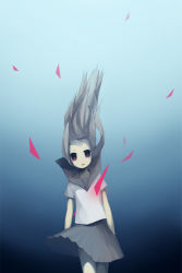 Rule 34 | 1girl, arms at sides, bad id, bad pixiv id, floating hair, gradient background, grey hair, mitsugo (road after rain), original, pale skin, red eyes, shirt, short sleeves, skirt, solo, spot color, triangle