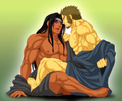 Rule 34 | 2boys, abs, bara, bare pectorals, black hair, blue kimono, blush, brown hair, character request, copyright request, couple, dark-skinned male, dark skin, eye contact, facial hair, from side, full body, goatee, hand on floor, interracial, japanese clothes, kimono, large pectorals, long hair, looking at another, male focus, mature male, multiple boys, muscular, muscular male, nipples, open clothes, open kimono, pectorals, sen&#039;ichi (yukinodeku), short hair, sitting, sitting on lap, sitting on person, straddling, thick eyebrows, undressing, undressing another, upright straddle, yaoi